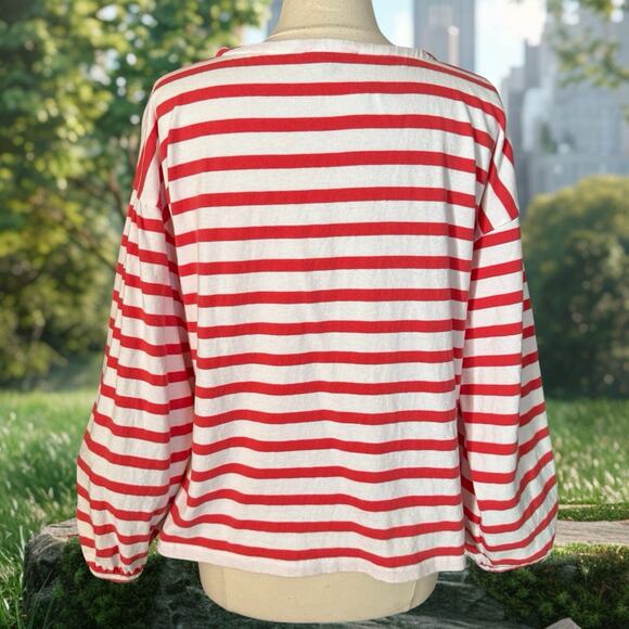 J.Crew Striped 100% Cotton Sweater Sz L Gathered Sleeve Crewneck White w Red - Picture 3 of 7